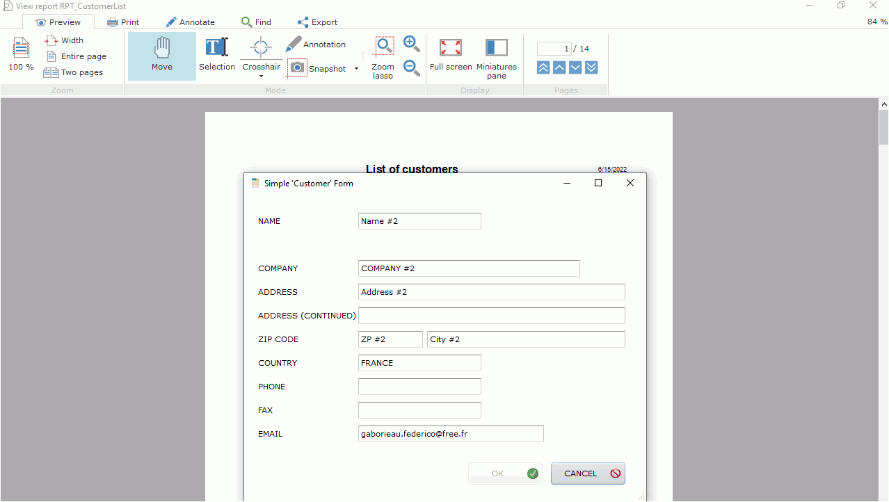 Form displayed from a report with clickable control