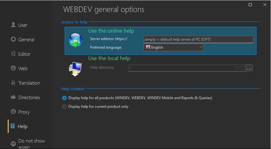 General options of WEBDEV