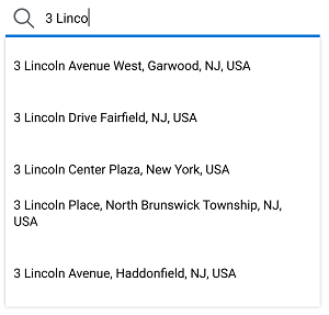 A list of address suggestions is displayed