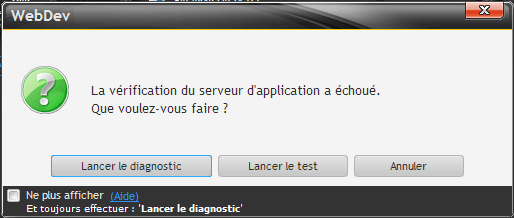Dialog box to start the diagnostic of the test environment