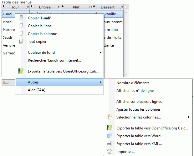 Exemple de menu contextuel d'une colonne de type Texte