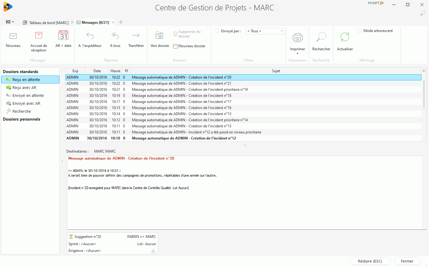 Centre De Suivi De Projets Gestion Des Messages Pc Soft Documentation En Ligne